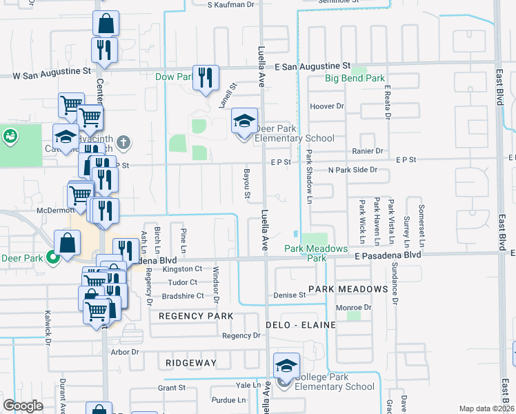 map of restaurants, bars, coffee shops, grocery stores, and more near 3230 Bayou Avenue in Deer Park