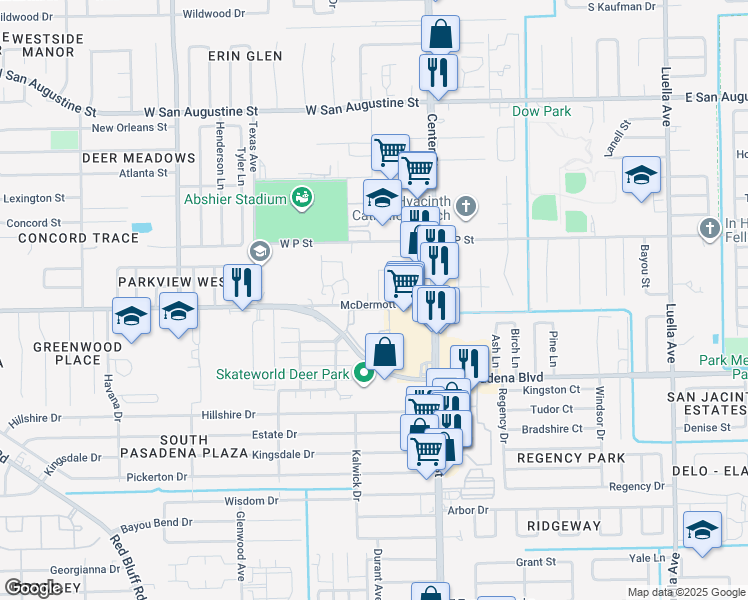 map of restaurants, bars, coffee shops, grocery stores, and more near 301 Amber Circle in Deer Park