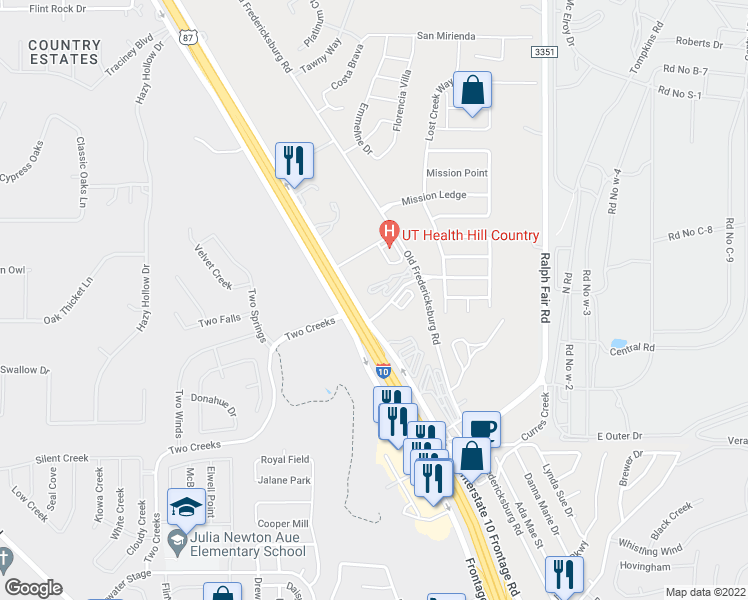 map of restaurants, bars, coffee shops, grocery stores, and more near 25600 Frontage Road in Boerne