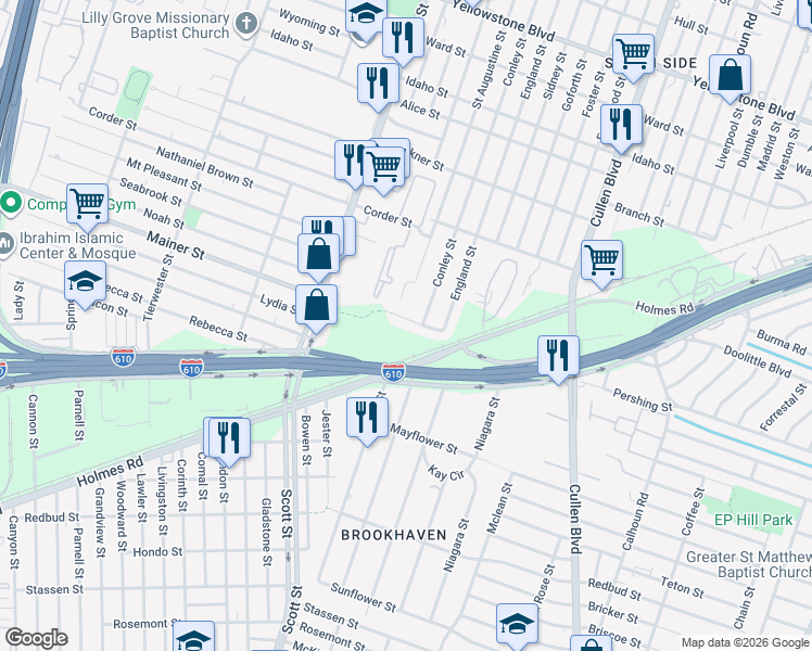 map of restaurants, bars, coffee shops, grocery stores, and more near 4114 Mainer Street in Houston
