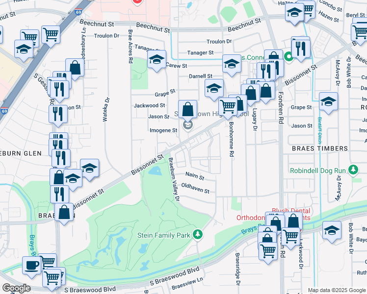 map of restaurants, bars, coffee shops, grocery stores, and more near 7805 Rue Saint Cyr Street in Houston