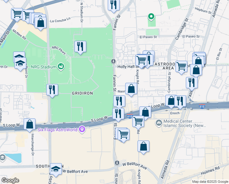 map of restaurants, bars, coffee shops, grocery stores, and more near 8600 Fannin Street in Houston