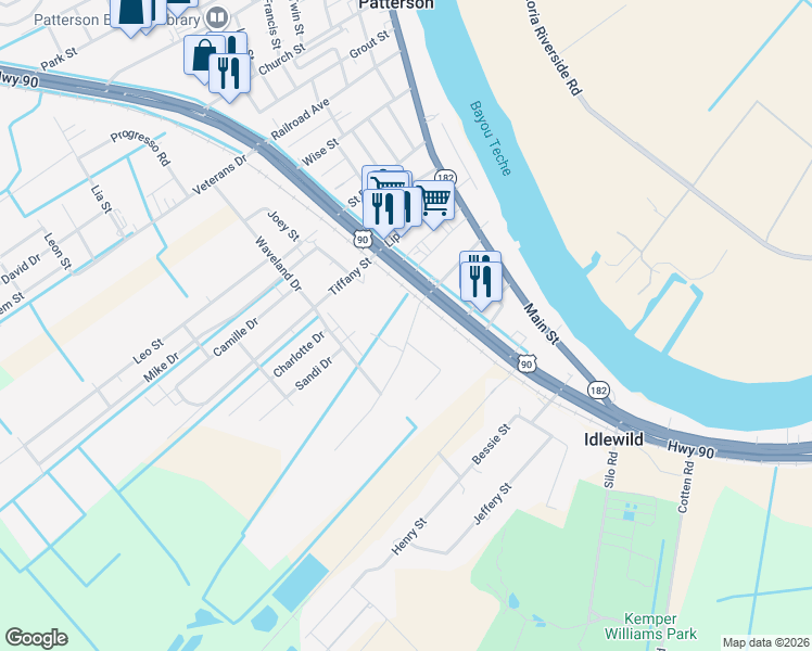 map of restaurants, bars, coffee shops, grocery stores, and more near 108 Enterprise Avenue in Patterson