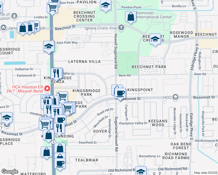 map of restaurants, bars, coffee shops, grocery stores, and more near 14110 Berrington Drive in Houston