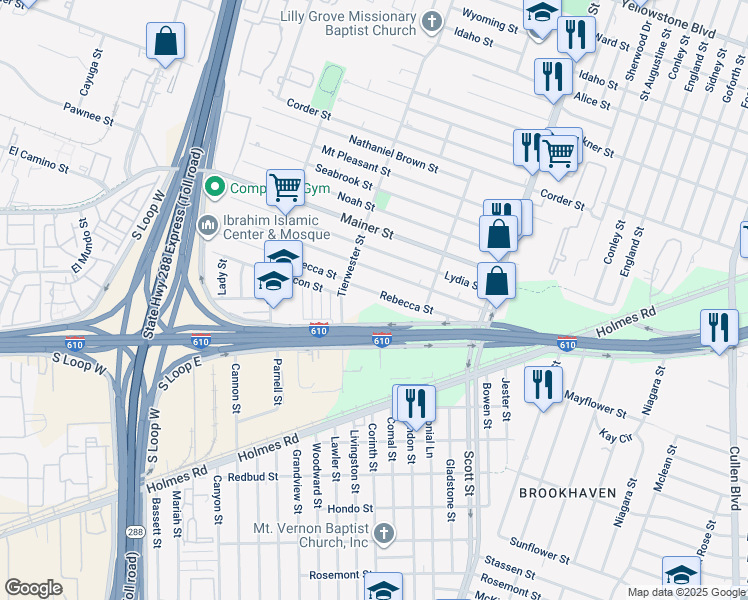 map of restaurants, bars, coffee shops, grocery stores, and more near 3634 Rebecca Street in Houston