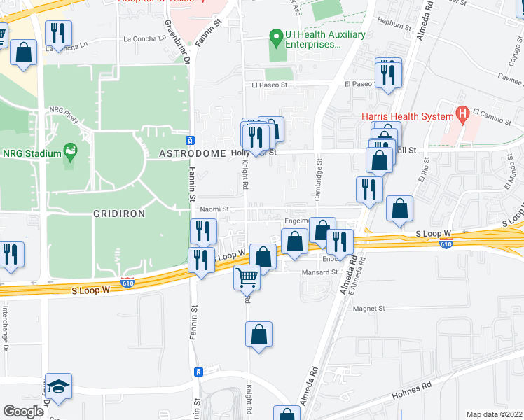 map of restaurants, bars, coffee shops, grocery stores, and more near 2124 Naomi Street in Houston