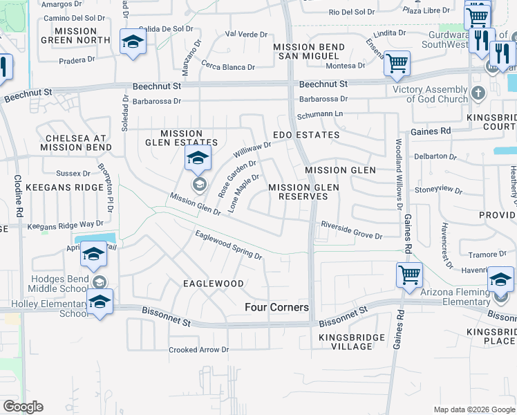 map of restaurants, bars, coffee shops, grocery stores, and more near 15918 Riverside Grove Drive in Houston