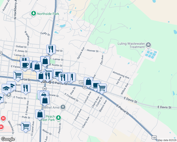 map of restaurants, bars, coffee shops, grocery stores, and more near 1103 East Fannin Street in Luling