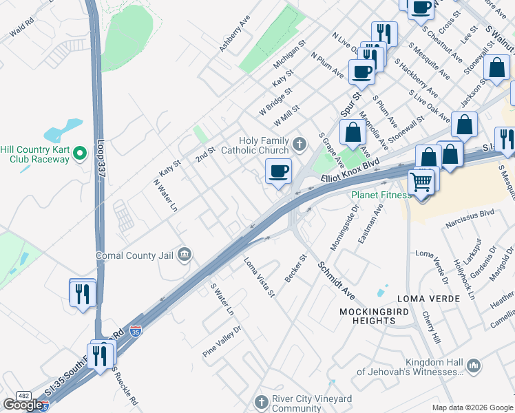 map of restaurants, bars, coffee shops, grocery stores, and more near 275 South West End Avenue in New Braunfels