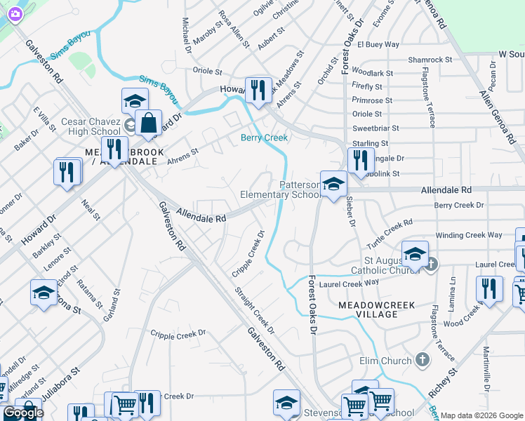 map of restaurants, bars, coffee shops, grocery stores, and more near 5178 Cripple Creek Drive in Houston