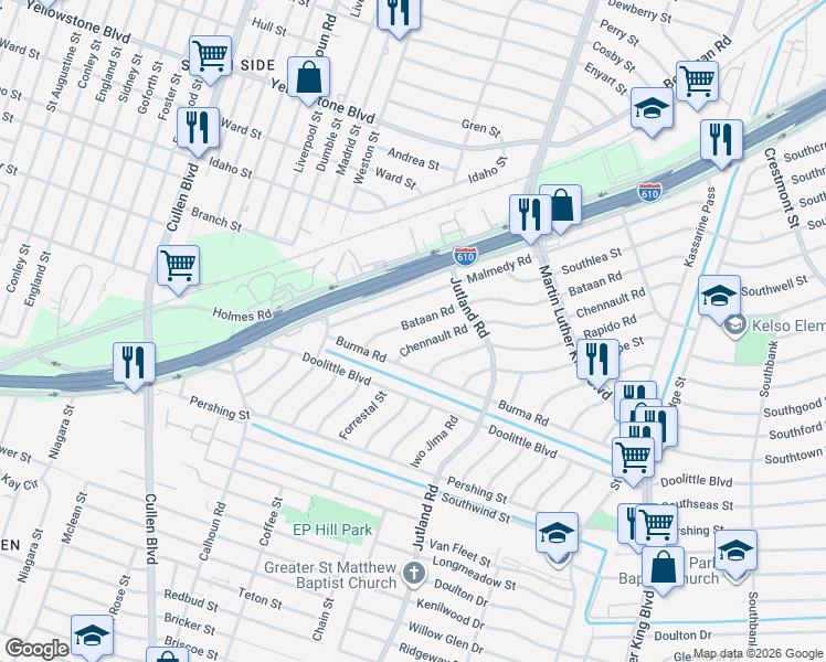 map of restaurants, bars, coffee shops, grocery stores, and more near 4930 Bataan Road in Houston