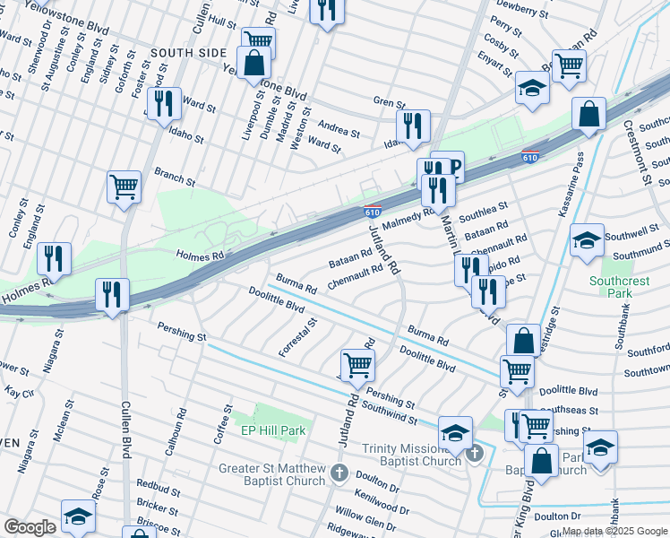 map of restaurants, bars, coffee shops, grocery stores, and more near 4930 Bataan Road in Houston