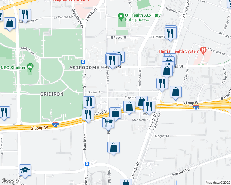 map of restaurants, bars, coffee shops, grocery stores, and more near 2124 Naomi Street in Houston