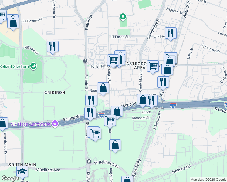 map of restaurants, bars, coffee shops, grocery stores, and more near 8406 Knight Road in Houston