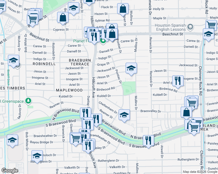 map of restaurants, bars, coffee shops, grocery stores, and more near 5723 Birdwood Road in Houston