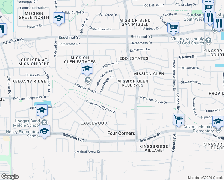map of restaurants, bars, coffee shops, grocery stores, and more near 15918 Riverside Grove Drive in Houston