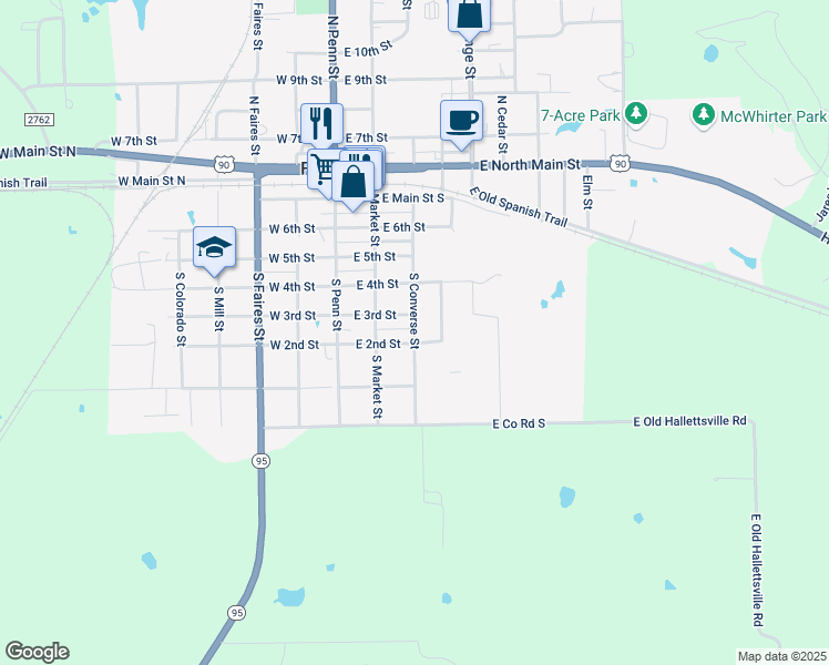 map of restaurants, bars, coffee shops, grocery stores, and more near 620 South Converse Street in Flatonia