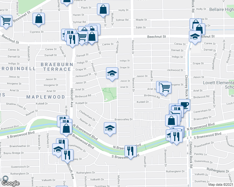 map of restaurants, bars, coffee shops, grocery stores, and more near Mullins Dr & Birdwood Rd in Houston