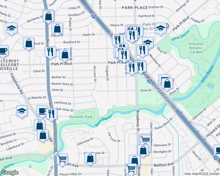 map of restaurants, bars, coffee shops, grocery stores, and more near 7909 Dixie Drive in Houston