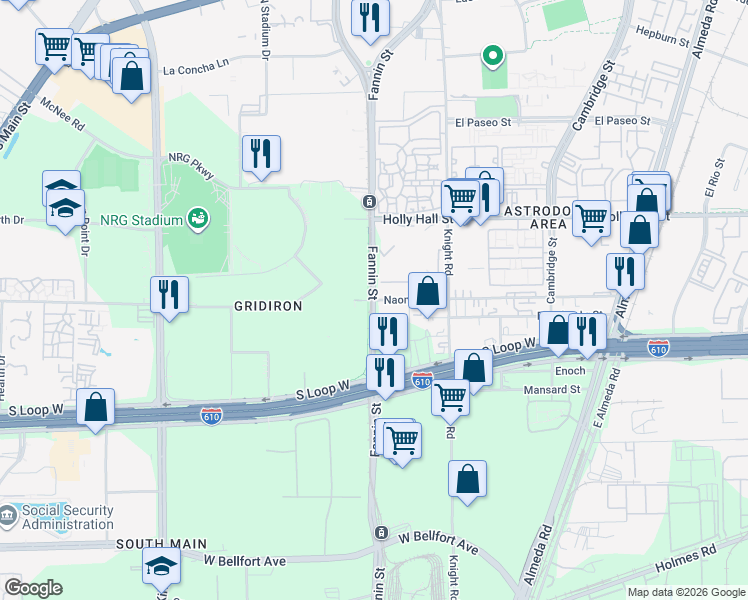 map of restaurants, bars, coffee shops, grocery stores, and more near Fannin St & Naomi St in Houston