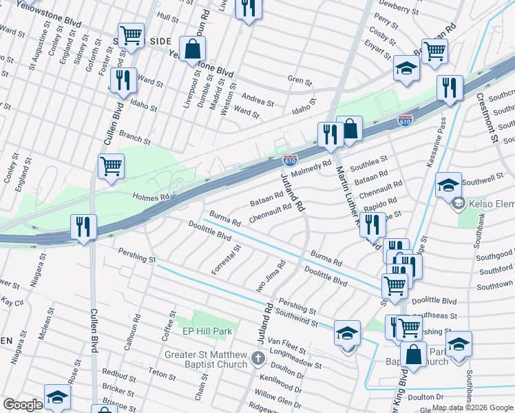 map of restaurants, bars, coffee shops, grocery stores, and more near 4930 Bataan Road in Houston