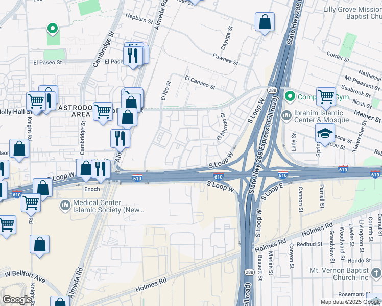 map of restaurants, bars, coffee shops, grocery stores, and more near 8383 El Mundo Street in Houston