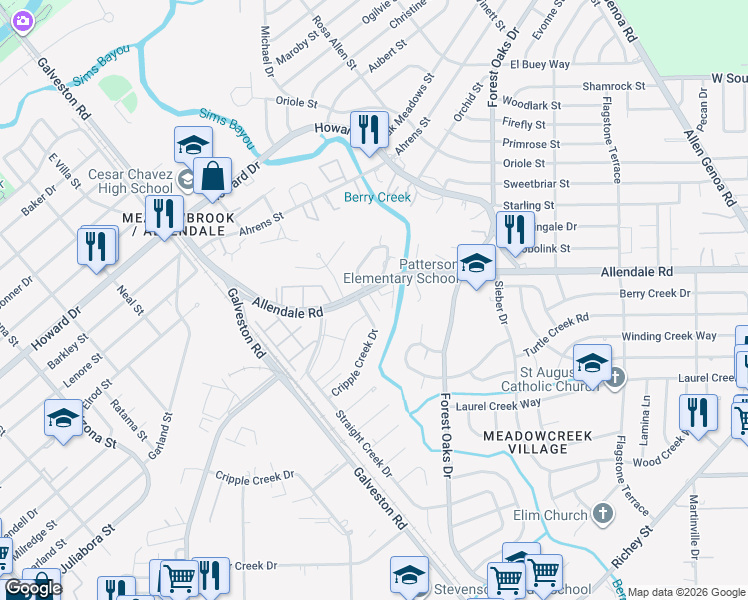 map of restaurants, bars, coffee shops, grocery stores, and more near 5178 Cripple Creek Drive in Houston
