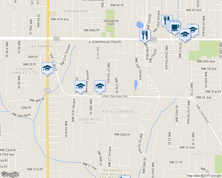 map of restaurants, bars, coffee shops, grocery stores, and more near 2740 Northwest 31st Avenue in Gainesville