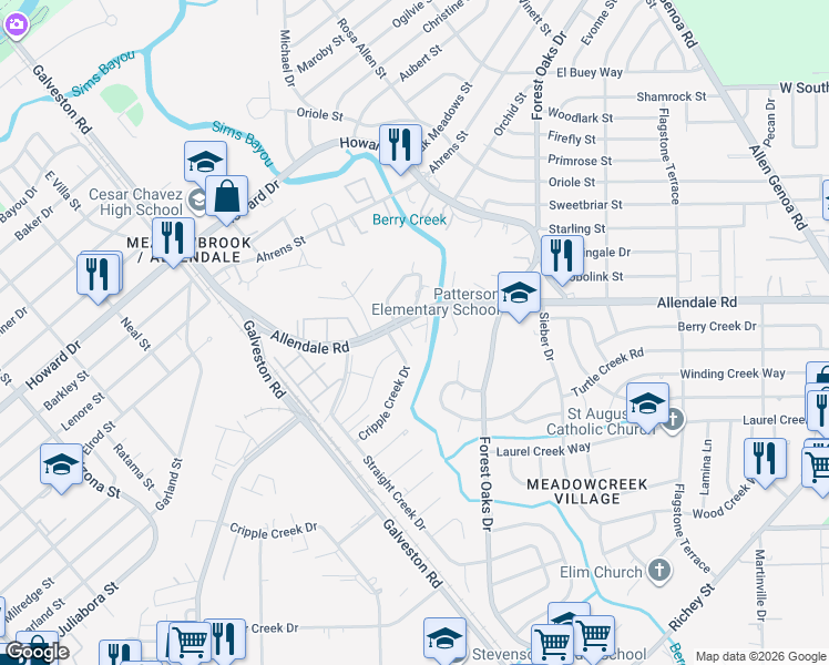 map of restaurants, bars, coffee shops, grocery stores, and more near 5178 Cripple Creek Drive in Houston