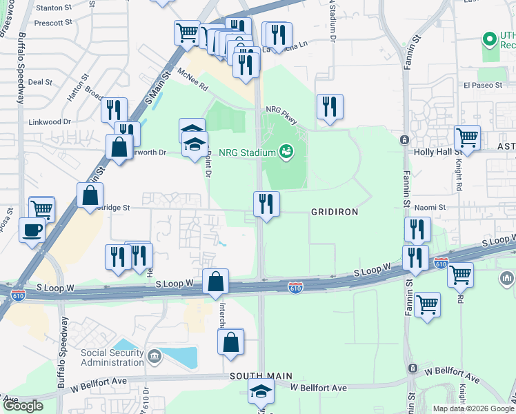 map of restaurants, bars, coffee shops, grocery stores, and more near 8825 Kirby Drive in Houston