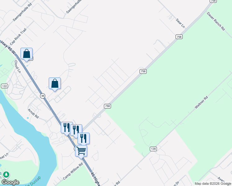 map of restaurants, bars, coffee shops, grocery stores, and more near 1544-2160 Farm to Market Road 758 in New Braunfels