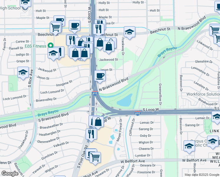 map of restaurants, bars, coffee shops, grocery stores, and more near 4615 North Braeswood Boulevard in Houston
