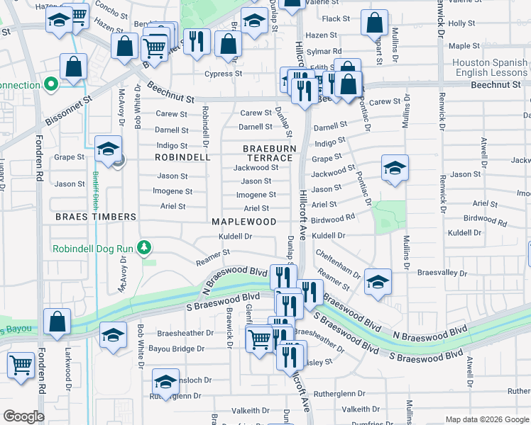 map of restaurants, bars, coffee shops, grocery stores, and more near 5816 Birdwood Road in Houston