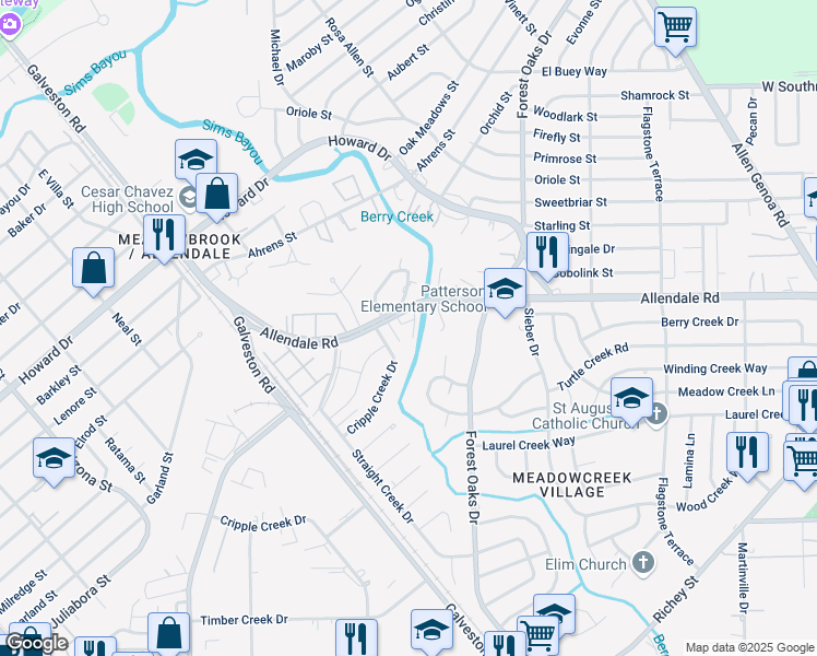 map of restaurants, bars, coffee shops, grocery stores, and more near 5100 Allendale Road in Houston