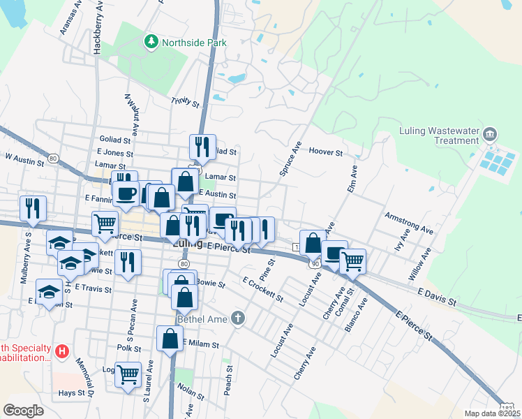 map of restaurants, bars, coffee shops, grocery stores, and more near 210 Myrtle Avenue in Luling
