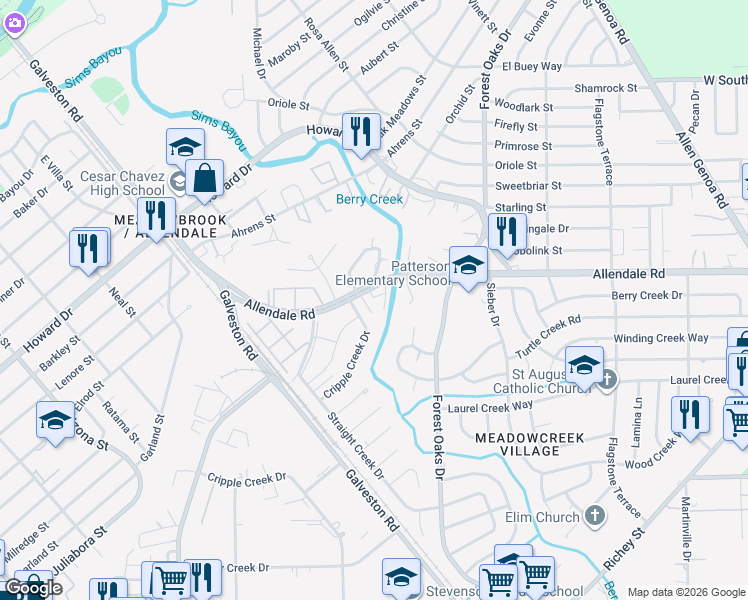 map of restaurants, bars, coffee shops, grocery stores, and more near 5178 Cripple Creek Drive in Houston