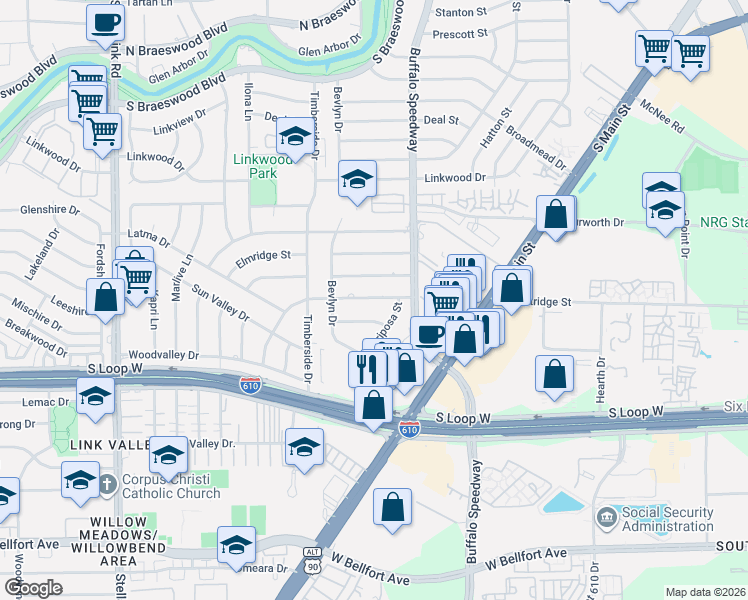 map of restaurants, bars, coffee shops, grocery stores, and more near 3221 Westridge Street in Houston