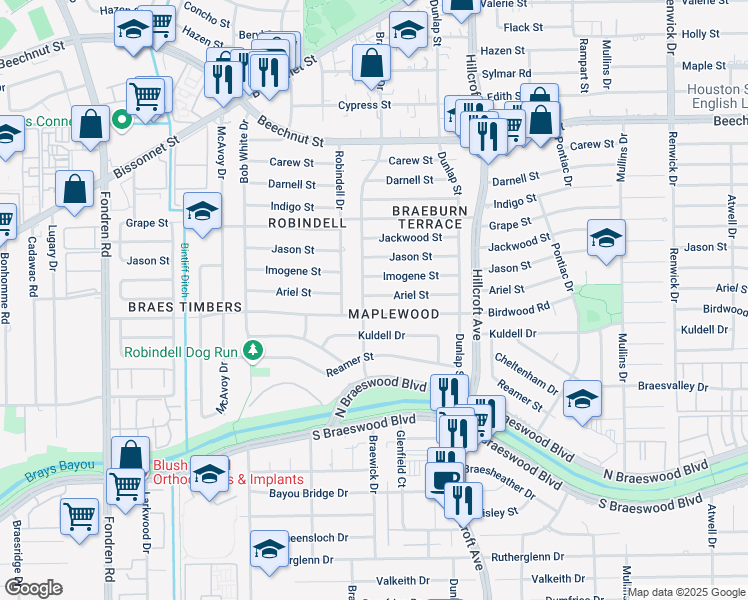 map of restaurants, bars, coffee shops, grocery stores, and more near 5934 Birdwood Road in Houston