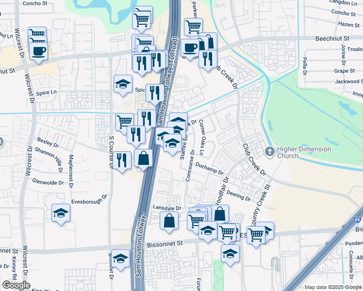 map of restaurants, bars, coffee shops, grocery stores, and more near 9355 Starfire Lane in Houston