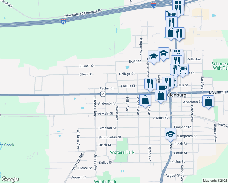 map of restaurants, bars, coffee shops, grocery stores, and more near 608 Bohlmann Avenue in Schulenburg