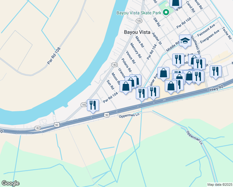 map of restaurants, bars, coffee shops, grocery stores, and more near 300 Par Road 104 in Morgan City