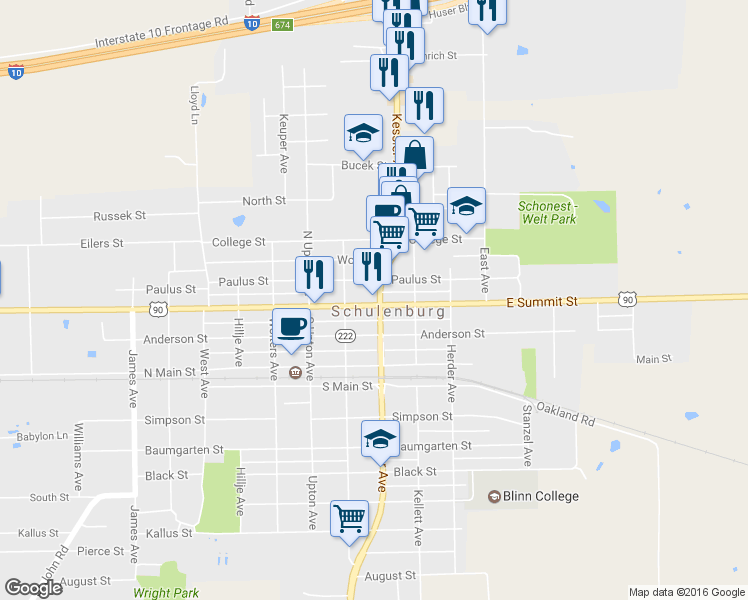 map of restaurants, bars, coffee shops, grocery stores, and more near 405 W Summit St in Schulenburg