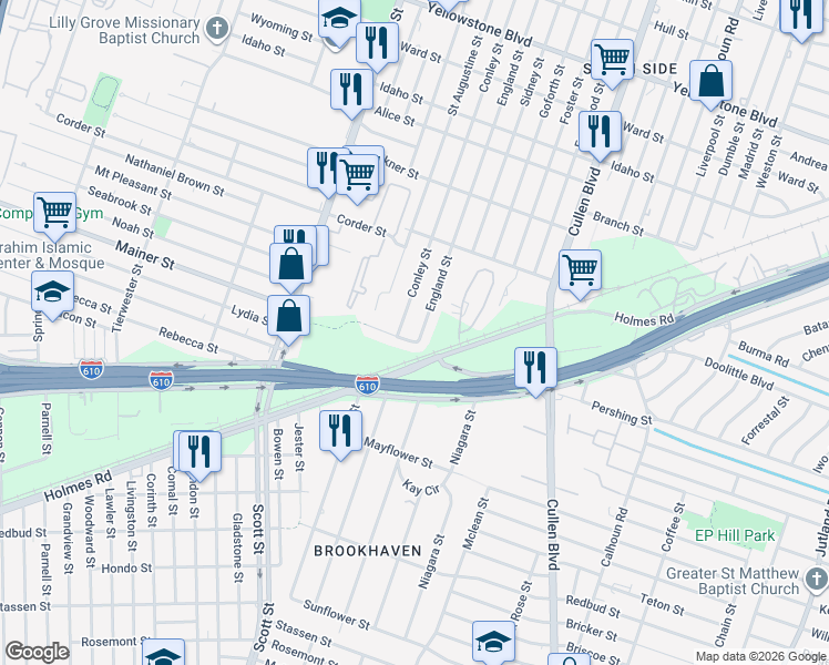 map of restaurants, bars, coffee shops, grocery stores, and more near 7347 England Street in Houston