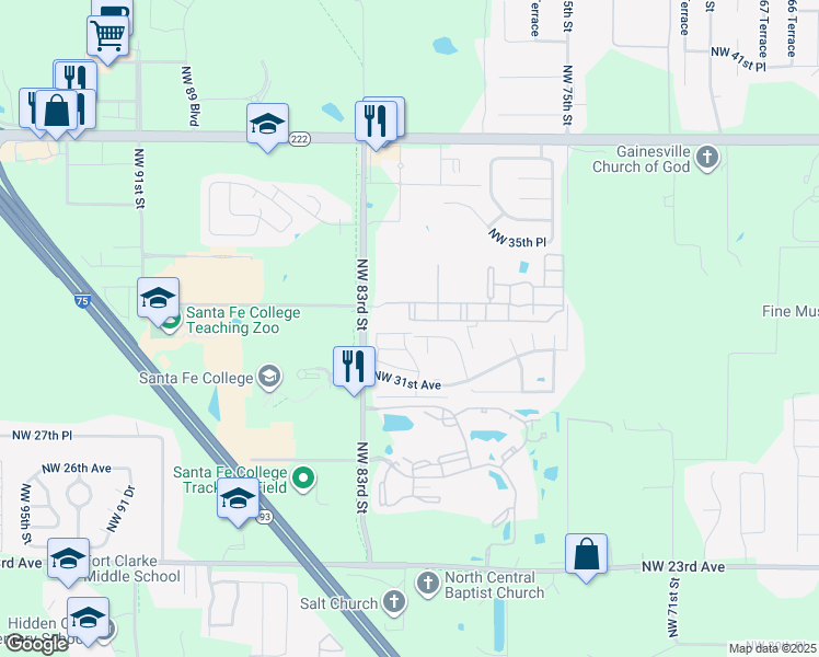 map of restaurants, bars, coffee shops, grocery stores, and more near 8008 Northwest 31st Avenue in Gainesville