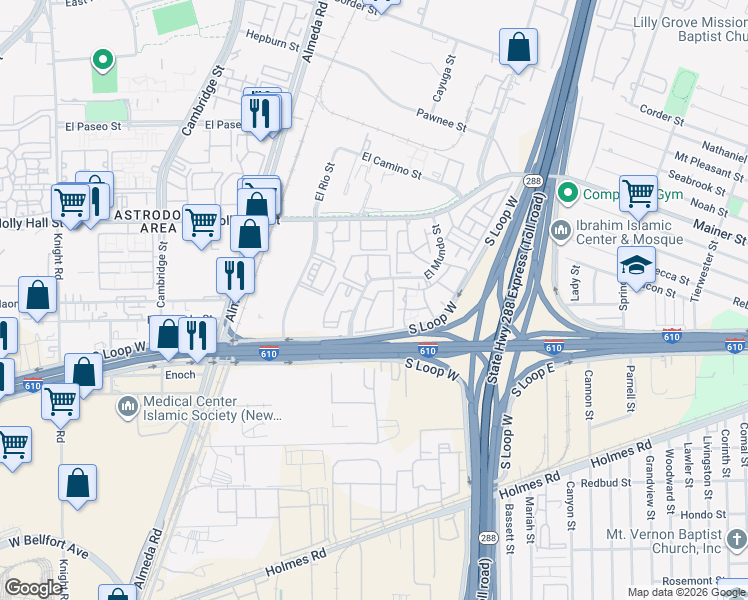 map of restaurants, bars, coffee shops, grocery stores, and more near 8383 El Mundo Street in Houston