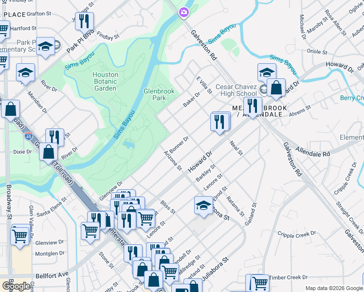map of restaurants, bars, coffee shops, grocery stores, and more near 8229 Wier Drive in Houston