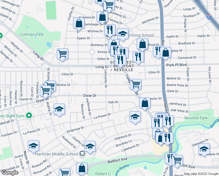 map of restaurants, bars, coffee shops, grocery stores, and more near 7317 Dixie Drive in Houston