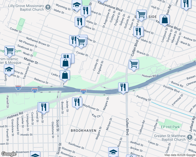 map of restaurants, bars, coffee shops, grocery stores, and more near 7347 England Street in Houston