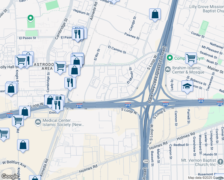map of restaurants, bars, coffee shops, grocery stores, and more near 8383 El Mundo Street in Houston