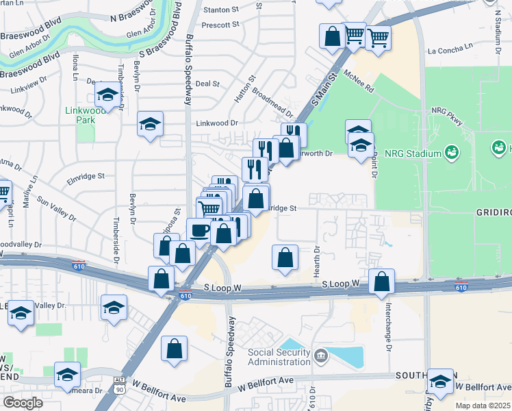map of restaurants, bars, coffee shops, grocery stores, and more near 2901 Westridge Street in Houston